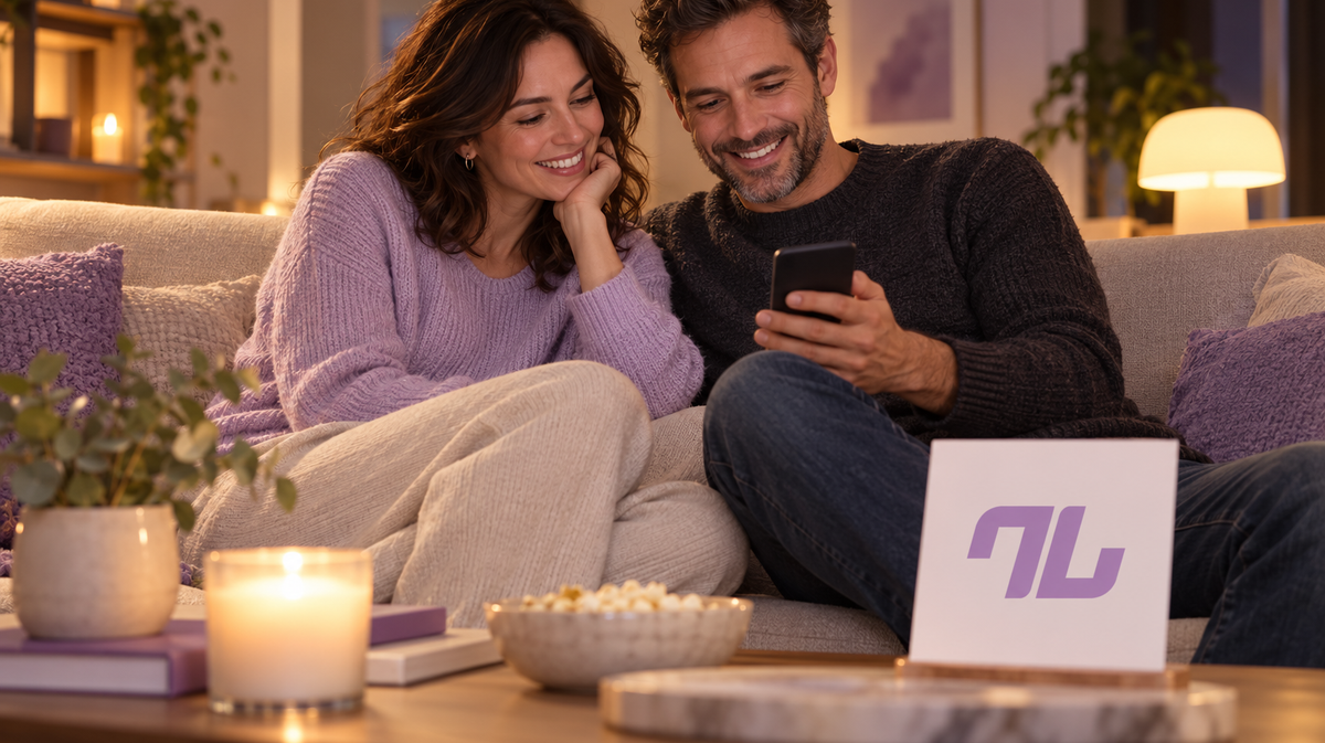 Pareja eligiendo juntos un plan desde el móvil, con el símbolo oficial de ActiveJoy