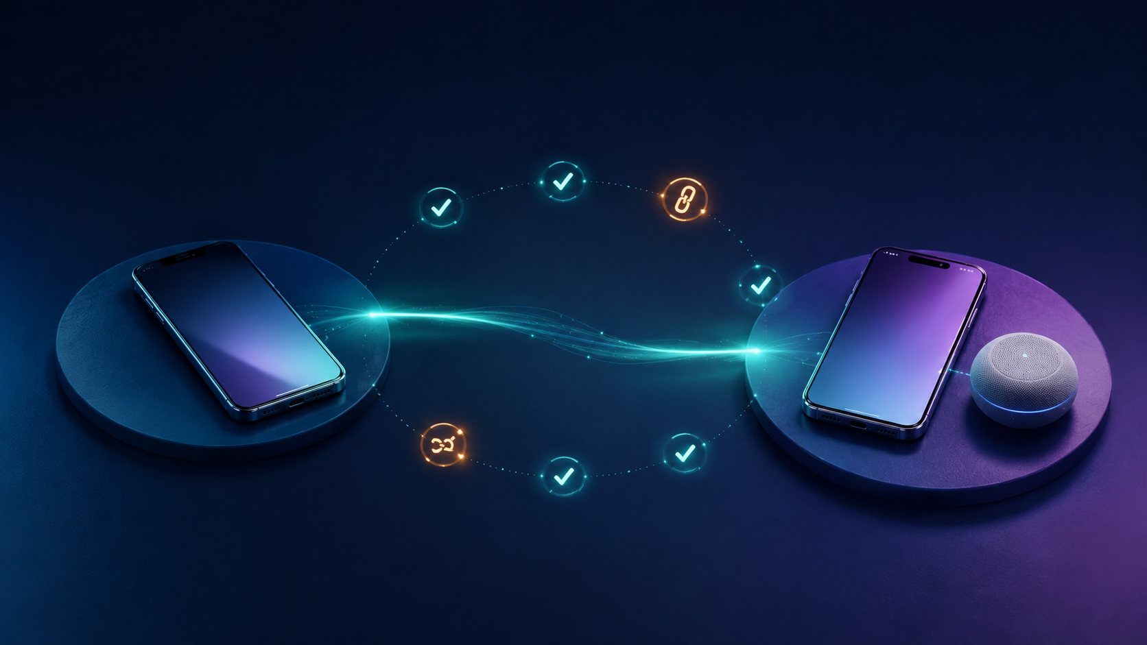 Dos teléfonos conectados por una aplicación con indicadores de comprobación y posibles errores