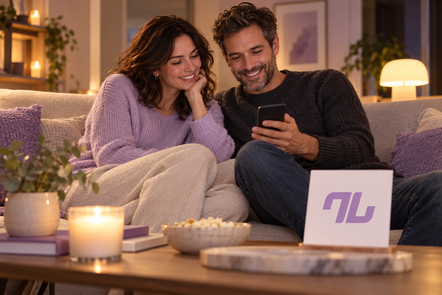 Pareja eligiendo juntos un plan desde el móvil, con el símbolo oficial de ActiveJoy